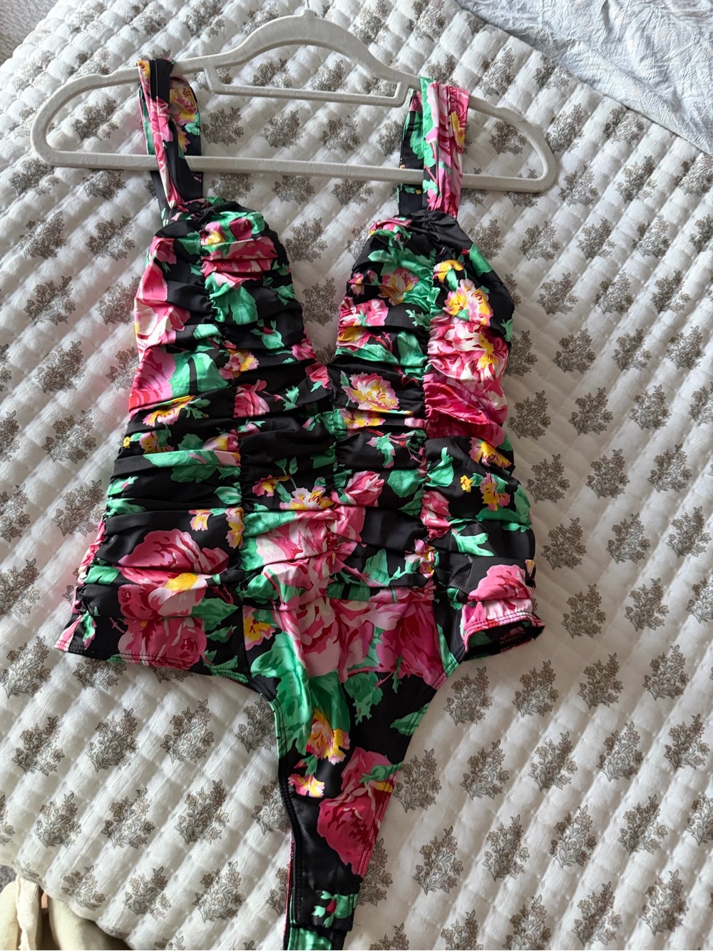 For Love & Lemons Black Floral One-Piece with Pink and Green Blooms